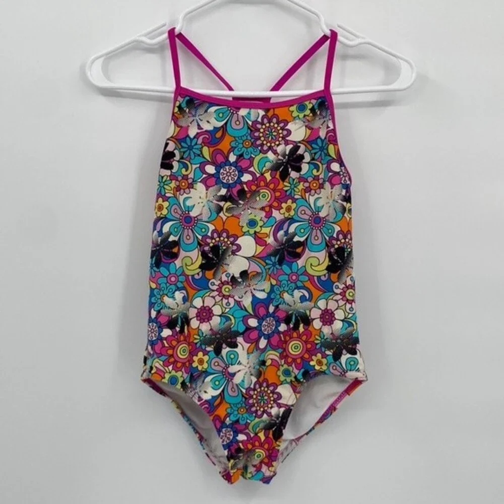 Speedo Girls One Piece Swimsuit Racerback Groovy 70’s Print size 12 Floral